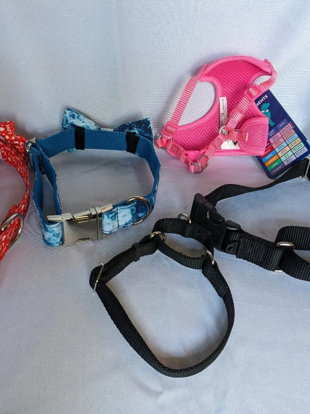 Dog Collars (Various Sizes) & Harness Bundle Lot Valentine Bow Tie